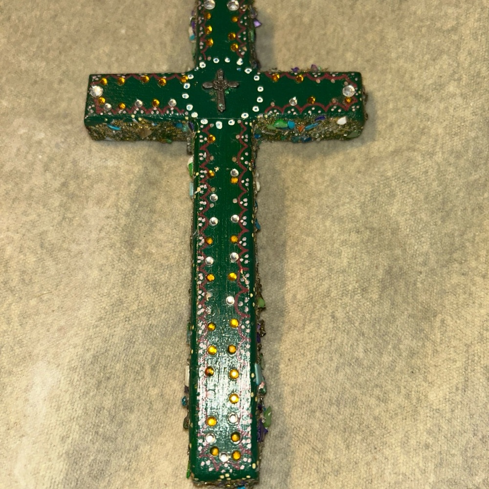 Emerald Green Beaded Wood Cross